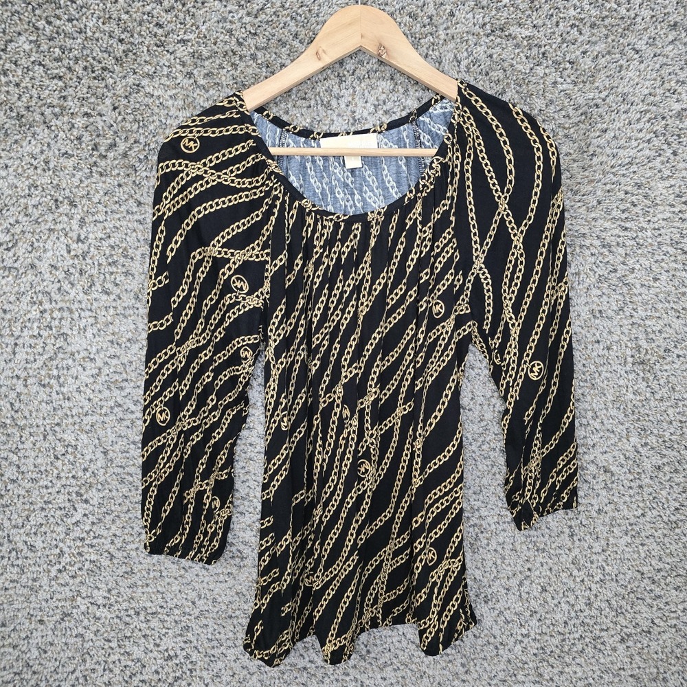 Michael Kors Top Womens Small Black Chain Print Scoop Neck Peasant Blouse Ladies